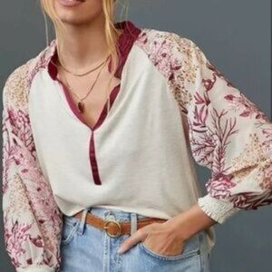 Anthropologie Tiny Creme Maroon Embroidered Puff Sleeve Popover Collar Blouse XS